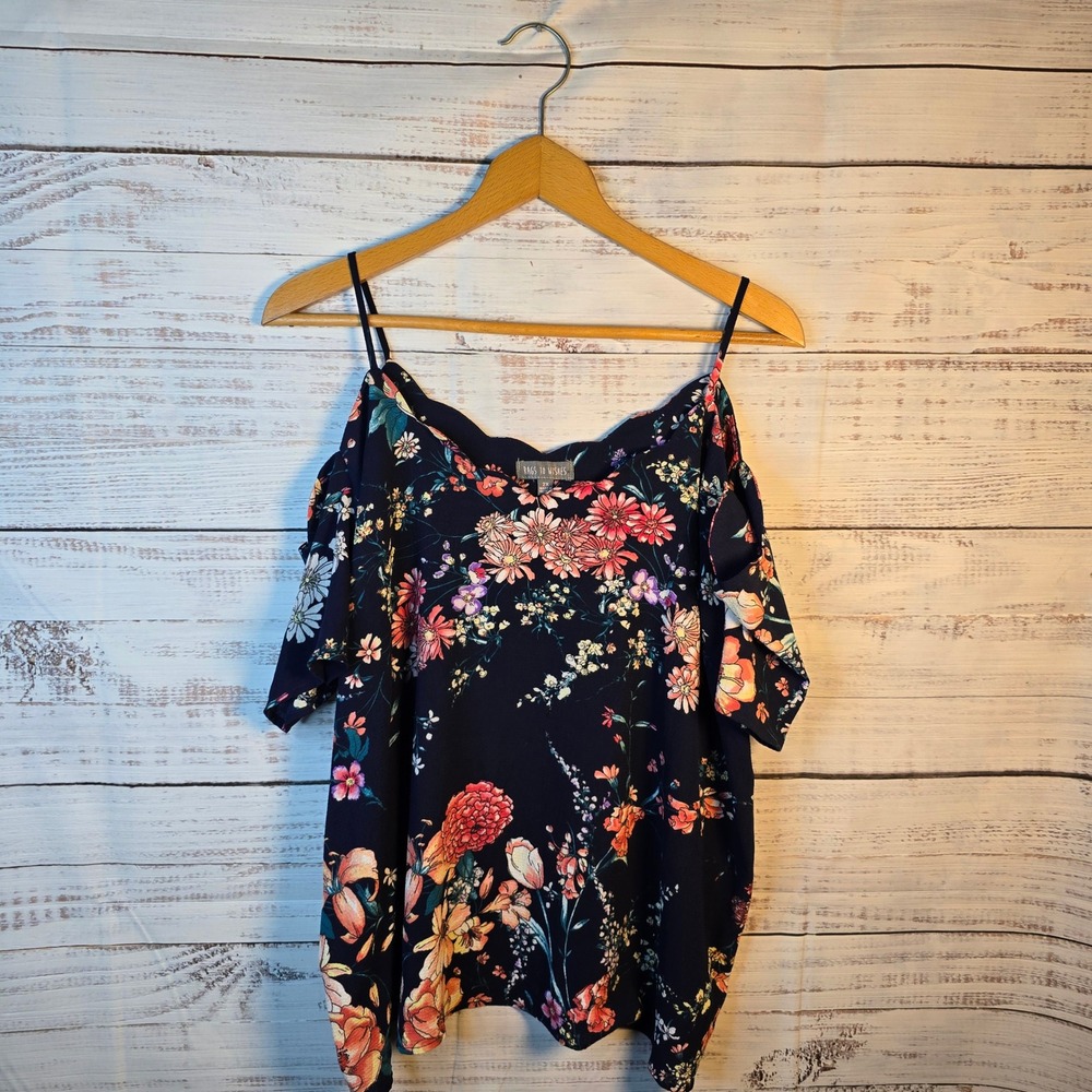 Rags to Wishes Floral Cold Shoulder Blouse Size 2X Plus Black Boho Top